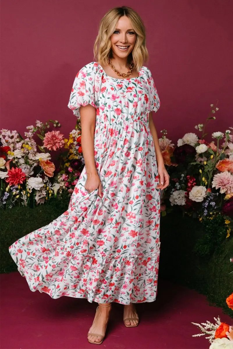 Pink Floral Puff Sleeve Square Neck Empire Waist Maxi Dress - Love Salve